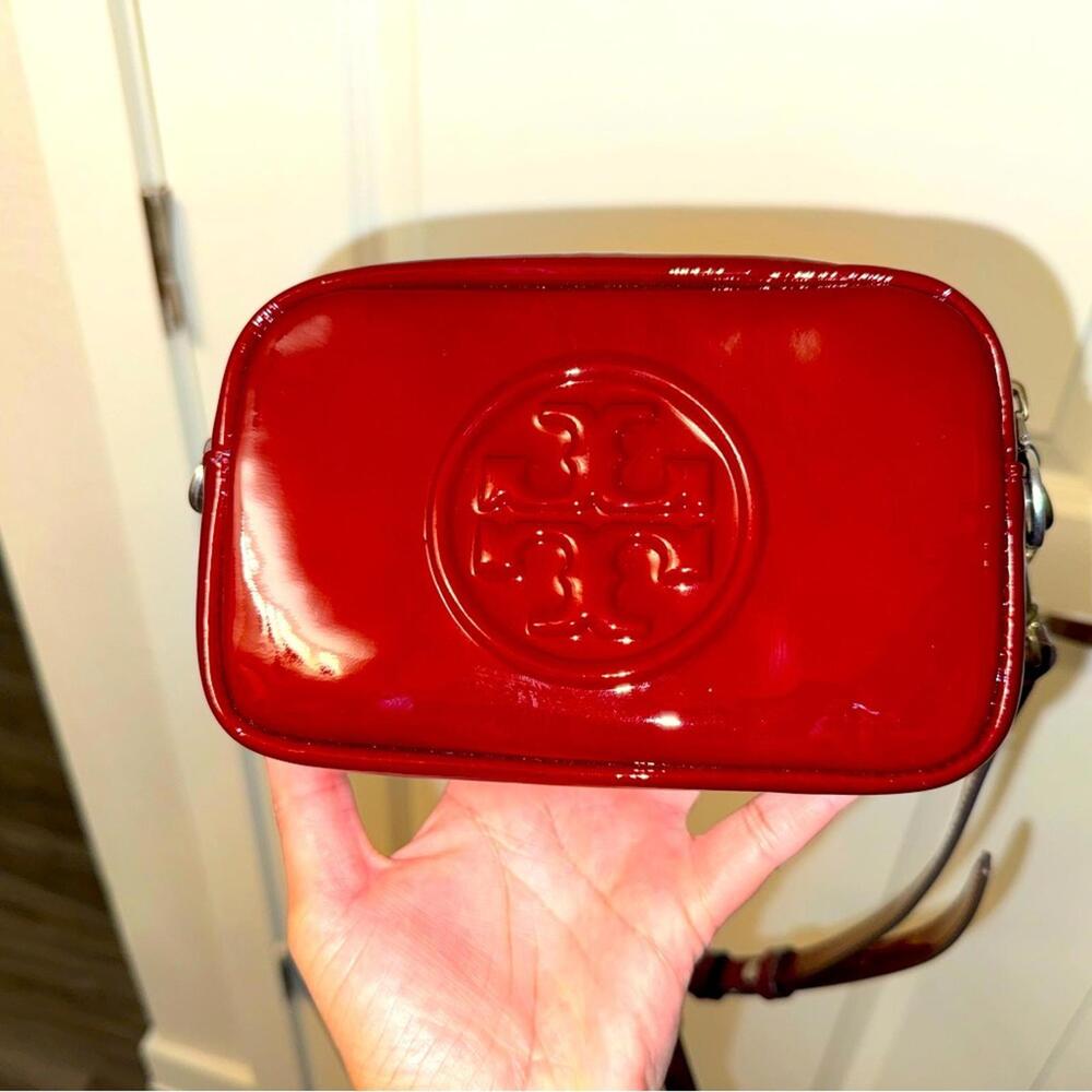 Tory Burch Perry Bombe Burgundy Red Patent Leather Mini Crossbody Bag